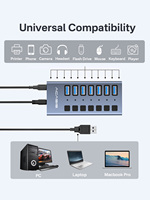 Hub USB 3.2 alimenté 10 Gbit/s, 7 ports USB-A, répartiteur de données, adaptateur CC 24 W, interrupteurs individuels, LED, gris fer, aluminium HS-707MG-10G, en stock