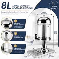 Distributeur de boissons LIYUNDA 8L doré avec bac à gouttes central pour glace, en acier inoxydable et PC, avec support pour buffet