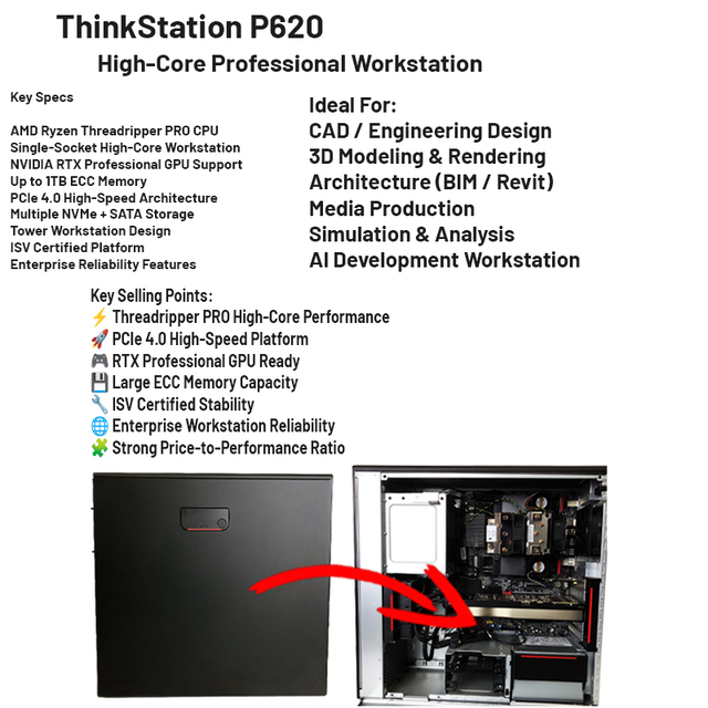 Lenovo ThinkStation P620 Workstation with AMD Processors 8 DIMM Slots AI-Ready Supports Linux & Windows