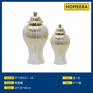 Ensemble de 6 vases en céramique nordique faits à la main en or et blanc 20x20x42cm Style Art déco simple avec glaçure mate pour la décoration intérieure et les cadeaux - Product Image 1