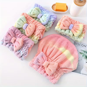 Bonnet <span class=keywords><strong>de</strong></span> séchage en polaire corail, séchage rapide et absorbant, personnalisable en gros, serviette <span class=keywords><strong>de</strong></span> séchage en microfibre avec nœud papillon - Product Image 4