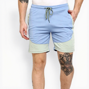 Shorts pour hommes en coton 100% écologique, bleu clair et menthe, avec cordon de serrage à la taille, poches, respirants, en tissu tricoté, style décontracté et sportif - Product Image 1