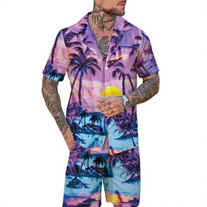 mens purple blue tropical beach sunset palm tree print <b>short</b> <b>sleeve</b> lapel <b>button</b> <b>up</b> <b>shirt</b> matching <b>shorts</b> 2 piece set casual - Product Image 1