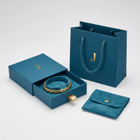 Coffret de boîtes à bijoux écologiques bleu sarcelle 2026 avec logo personnalisé en relief, fermeture magnétique, emballage rigide et pochette de shopping