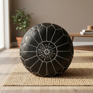 Black Genuine Leather <b>Pouf</b> Cover Embroidered Bohemian Style Handmade Home Decor Cushion Geometric Design Drawstring Closure - Product Image 3