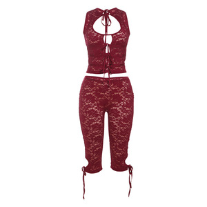 Set di pantaloncini a due pezzi Sexy in maglia con pizzo trasparente trasparente da <span class=keywords><strong>donna</strong></span>, <span class=keywords><strong>abbigliamento</strong></span> da <span class=keywords><strong>donna</strong></span> Sexy in due pezzi Sexy <span class=keywords><strong>retrò</strong></span> - Product Image 6