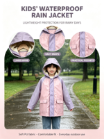 Imperméable pour filles bicolore rose en PU, veste à capuche résistante aux intempéries avec poches à bouton-pression, idéal pour les jeux en extérieur, logo personnalisé, OEM, vêtements d'extérieur