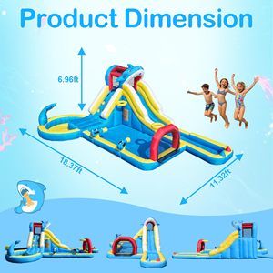 Toboggan aquatique gonflable en promotion pour enfants de 3 à 12 ans, parc aquatique de jardin avec souffleur 480W, 9-en-1, thème requin, longues glissades, but de football extérieur - Product Image 2