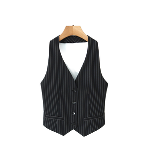 Gilet de costume formel noir à rayures fines pour femme, col en V, simple boutonnage, en tissu tissé - Product Image 1