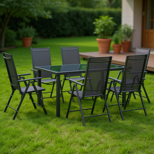Ensemble de salle à manger en aluminium avec revêtement en poudre noire, table en verre Textilene, 6 places, mobilier de jardin extérieur, style contemporain - Product Image 2