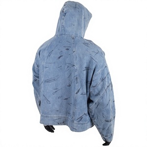 Veste à capuche en jean délavé pour homme, style décontracté, fermeture éclair intégrale, coupe oversize, style automne, coupe classique, motif imprimé, couleur bleue - Product Image 2