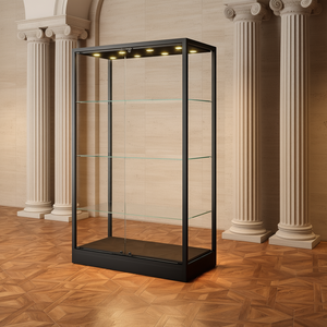 Vitrine de musée en fer 120x60x200cm avec cadre noir, 3 étagères en verre et éclairage LED pour exposition - Product Image 2