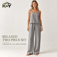 Ensemble 2026 style doux et uni, débardeur sans col boutonné et pantalon long, coupe ample, frais et confortable, toutes saisons, pour femme