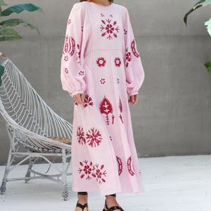 Robe élégante en coton et lin personnalisable, col rond, style décontracté, manches longues, robe midi d'été pour femmes - Product Image 1
