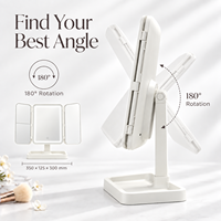 Miroir cosmétique pliable avec 3 lumières LED à intensité réglable par capteur tactile, rotation à 360 degrés, grossissement 3X, utilisation sur bureau