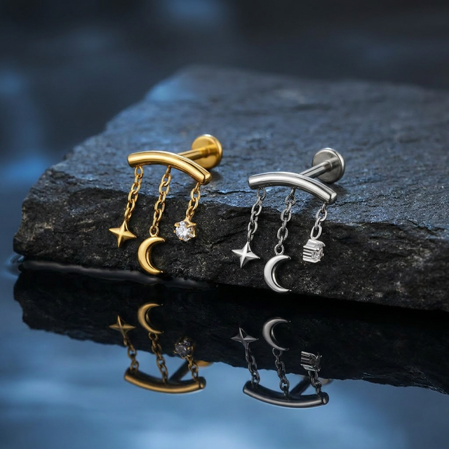 Hidden Helix Ear Piercing Jewelry ASTM F136 Titanium Floating Zircon Moon Star Chain Pendant Internally Threaded Dangle Earrings