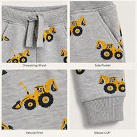 Pantalon de jogging gris pour garçons, imprimé véhicules de construction avec pelles jaunes, taille à cordon de serrage et poches latérales