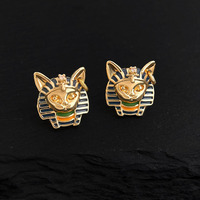 Boucles d'oreilles clous vintage tête de chat égyptien plaqué or 14 carats émaillé pour femme