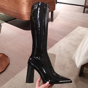 Botas Altas de Mujer con Tacón Grueso y Punta Cuadrada, con Cremallera Lateral, de Charol, hasta la Rodilla - Product Image 5