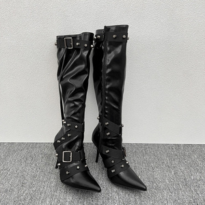 <strong>White</strong> PU Leather Buckle Tie Studded Strap High Heel <strong>Knee</strong> <strong>Boots</strong> Women Stiletto Heeled Pointed Toe High Point Heel Long <strong>Boot</strong> - Product Image 2