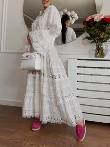 Y0511 Abito Lungo Stile Retrò Francese per Donne, Moda Estiva Casual con Allacciatura in Vita, Design Ricamato, Maniche a Campana, Tinta Unita - Product Image 5