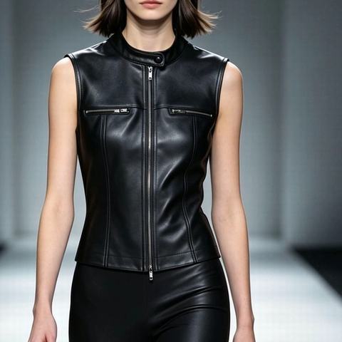HN6154 Women's Sexy Fitted Cropped Biker Style Stretch Sheepskin Genuine Leather Vest