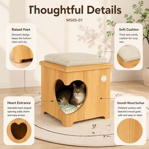 Taburete para Gatos de Madera Maciza 2 en 1, Asiento para Personas con Casa Oculta para Gatos - Product Image 5