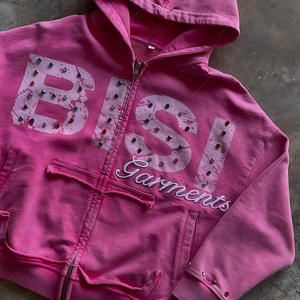 Personalizado Unisex 100% algodón francés Terry Regular Fit Sudadera con capucha Vintage desgastado bordado cristal Rhinestone YK2 Zip Print 360g - Product Image 2