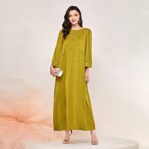 Muslim Rhinestone Beaded Belted Kaftan For Female Basic Solid Full Sleeve O-Neck Elegant Turkish Knitting Long Dresses