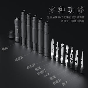 Ensemble de bâtons multifonctions d'extérieur en acier inoxydable noir, couteau, fourchette, cuillère, scie, outil de survie pour le camping et la randonnée - Product Image 2