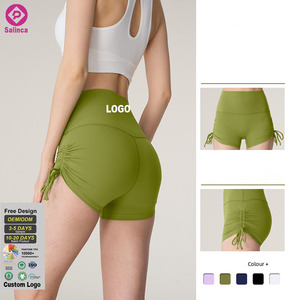 Shorts de yoga pour femmes avec logo personnalisé, sensation seconde peau, couleurs unies, plissés, avec cordon de serrage, sans ligne gênante, pour le fitness - Product Image 1