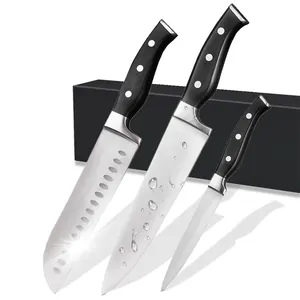Set pisau koki Logo kustom 3 buah, Set pisau ukir pisau tajam bahan baja tahan karat karbon tinggi untuk dapur dengan kotak hadiah