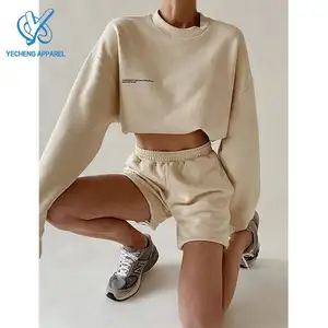 OEM Wholesale Custom Logo Crop Top Sweatshirt And Short Set Comfy Cotton Two Piece Short Women's Sets