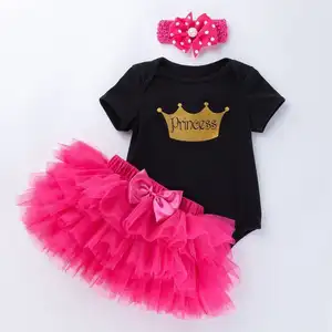 Groothandel Pasgeboren Baby Meisjes Mijn Eerste Verjaardag Kroon Outfit Korte Mouw Kostuum 3 Stuks