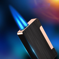 Briquet en métal à double flamme, nouveau, en gros, logo personnalisé, briquet à gaz butane, coupe-vent, torche à cigare