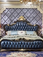 Lit en cuir véritable de style européen Fuanhe avec sculptures en bois massif, coussin moelleux, personnalisable pour chambre principale, lit double de 1,8 m