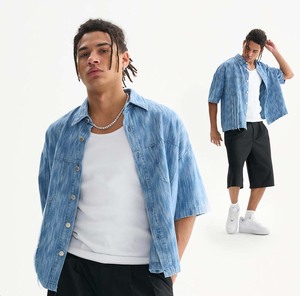<span class=keywords><strong>Chemise</strong></span> <span class=keywords><strong>en</strong></span> <span class=keywords><strong>jean</strong></span> vintage pour <span class=keywords><strong>homme</strong></span> 230G à manches courtes - Motif floral, col rabattu perlé, respirante et durable - Product Image 3