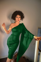 Nuevo Vestido Elegante de Manga Holgada con Abertura en la Espalda para Mujer, Vestido Midi Ajustado de Un Solo Hombro, Vestido de Noche Sólido