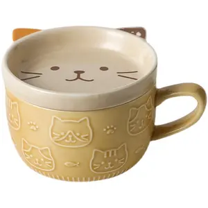 Sıcak satış yaratıcı sevimli güzel hayvan kedi seramik kahve kupalar bardak kapaklı ve bambu kaşık
