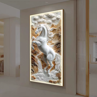 Cuadro de Porcelana con Cristales y Caballos, Estilo Moderno y Lujoso, para Sala de Estar o Porche, con Luz LED de Control Remoto, Decoración de Pared