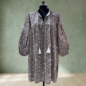 RIDHI <b>Womens</b> Brown Floral Printed Cotton <b>Tunic</b> <b>Dress</b> Puff Sleeves Tassel Tie Boho Style Daily Natural Boutique Apparel - Product Image 3