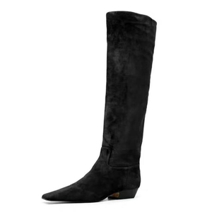 Size 44 Stone Prints Women Knee High Boots Low Chunky Heels Suede Shoes on Wide Fit Pointed Toe <b>Long</b> Boots - Product Image 6