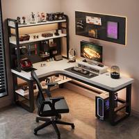 Bureau d'angle en bois massif avec étagère intégrée pour chambre et bureau, design gaming double joueur