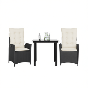 Ensemble de salle à manger de jardin en polyrotin noir avec accoudoirs réglables, 2 places, mobilier d'extérieur, style contemporain - Product Image 1