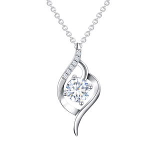 Collier Pendentif Classique pour Femme en Argent 925 Plaqué Rhodium avec Diamant Taille Ronde Brillante Sertissage Griffe Design Goutte d'Eau Chaîne à Maillons - Product Image 1
