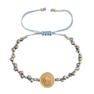 Bracelet médaille de Saint Benoît Go2boho, cordon réglable à perles facettées grises, bracelet chrétien - Product Image 5