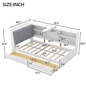 Cama de almacenamiento multifuncional de madera con estantes y cajones para muebles de dormitorio en blanco y gris. - Product Image 2
