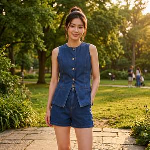HUOYIN Completo da donna in denim senza maniche, a vita alta, con gilet e vestibilità ampia - Product Image 4
