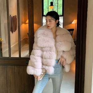 Veste en fourrure de <span class=keywords><strong>renard</strong></span> rose véritable luxueuse pour femmes 2025, réversible, courte, manteau d'hiver, vêtements d'hiver de luxe avec grand col en fourrure - Product Image 3