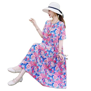 Robe d'été décontractée style jeune en coton et soie, coupe trapèze, élégante et gracieuse, pour maman, manches courtes, fine, pour la plage - Product Image 3